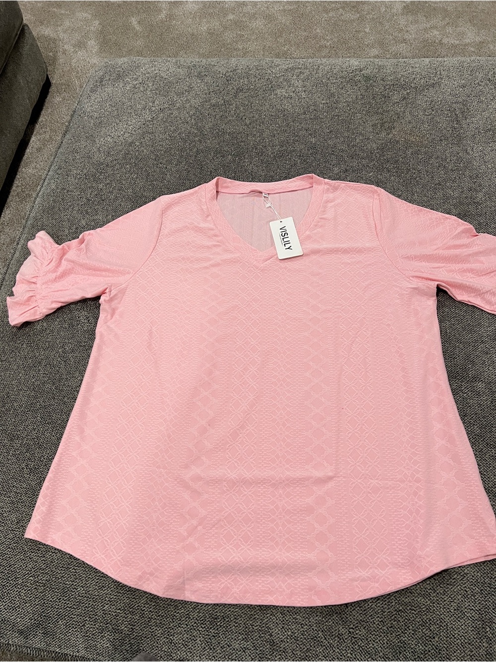 Pink V-Neck Short Sleeve Women's Top with Ruffled Sleeves